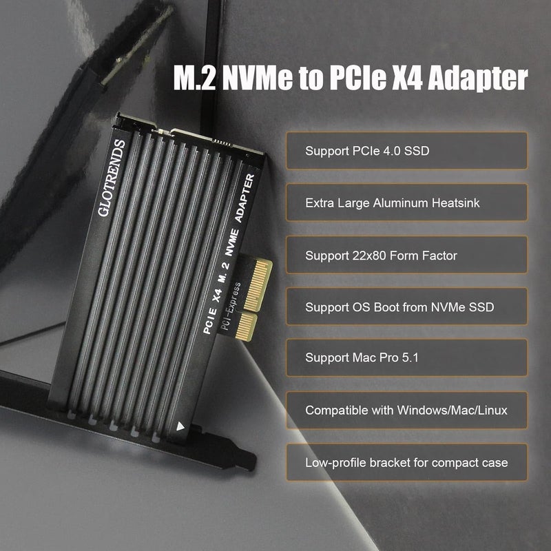 GLOTRENDS محول PA15 M.2 NVMe إلى PCIe 4.0 X4 لـ M.2 NVMe SSD، مبرد ألمنيوم كبير جداً، حامل عادي ومنخفض (أسود) - Image 2